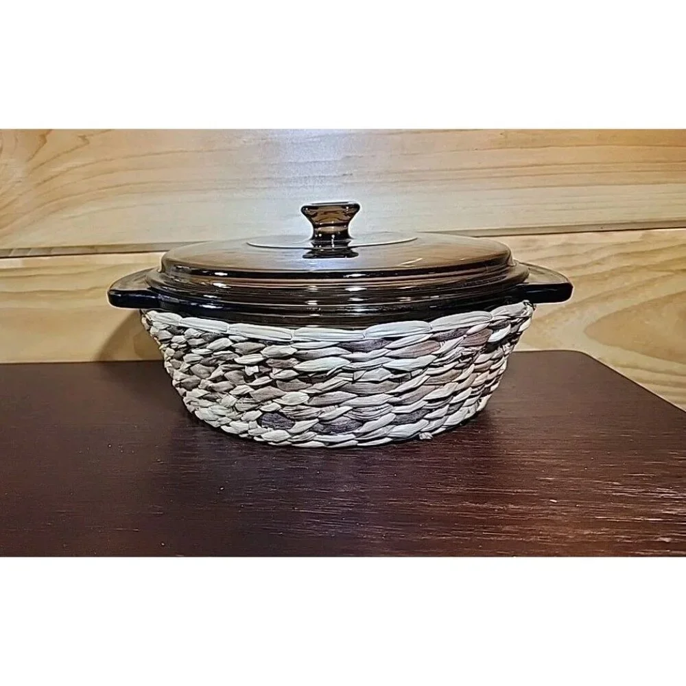 Anchor Ovenware USA CASSEROLE DISH Brown Amber Glass 1.5 QT With Lid & Basket
